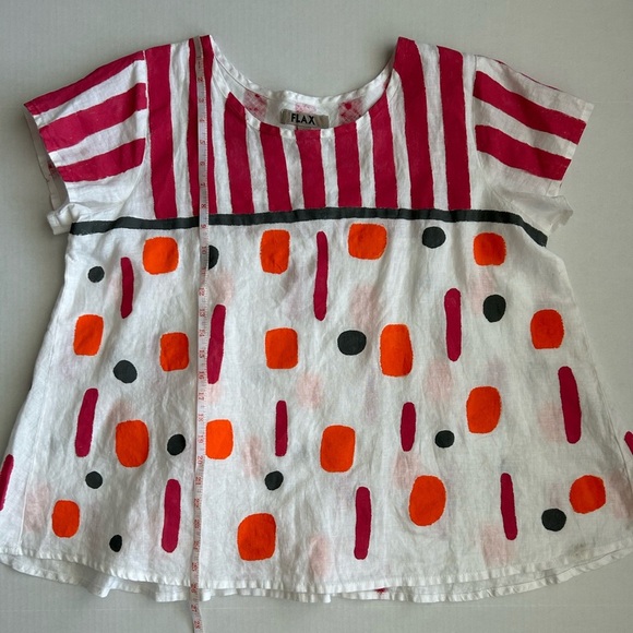 FLAX Women’s White Painted Unique Linen Short Sleeve Top Medium - Picture 5 of 12